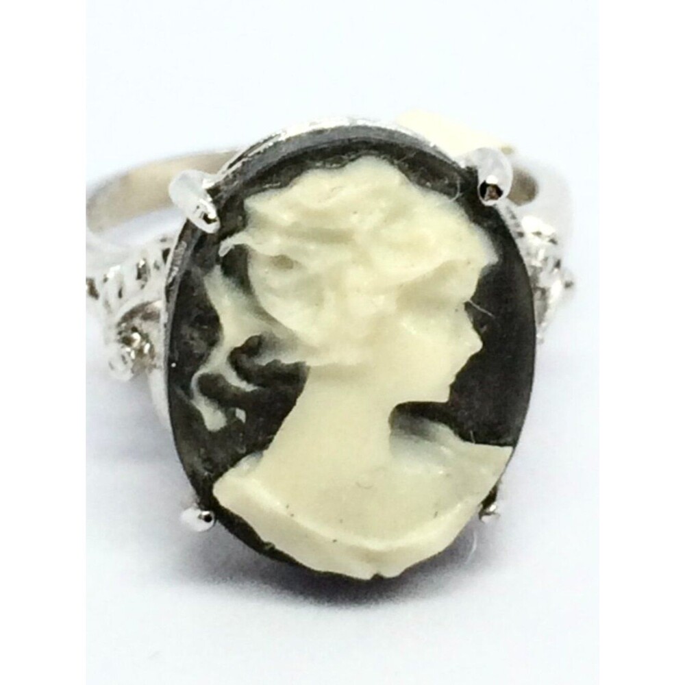 Vintage Cameo Ring 14k GE Silver Tone Resin Black Statement Lady 6.75 - Picture 3 of 15
